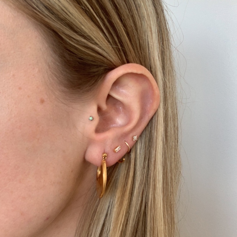 Gold open huggie hoop earrings cz stone stud baguette rectangle